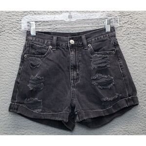 American Eagle Outfitters‎ Mom Shorts Women Sz 00 Black Denim Distressed RN54485